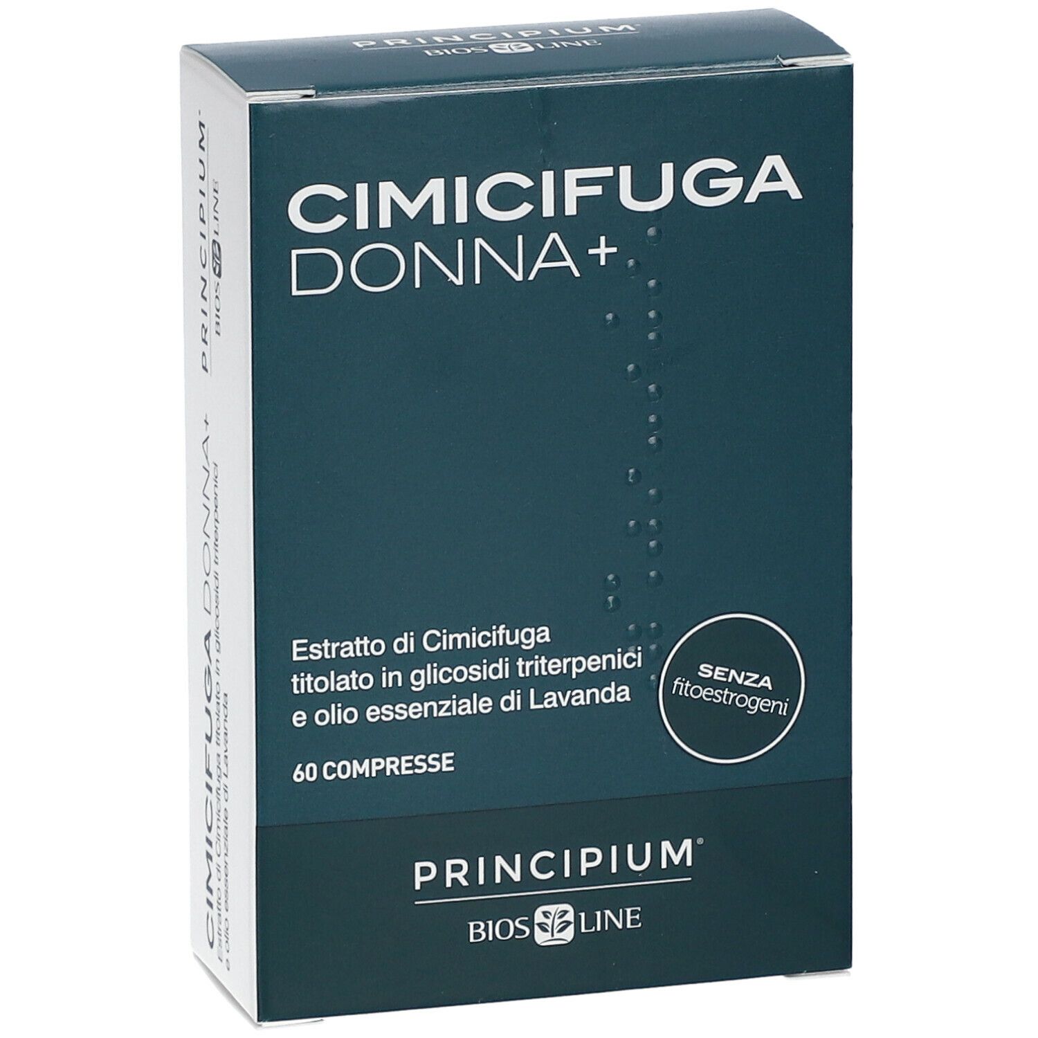 Produktverpackung. Aufschrift: CIMICIFUGA DONNA+. Marke: Principium BIOS LINE. 60 Tabletten. Ohne Phytoöstrogene.