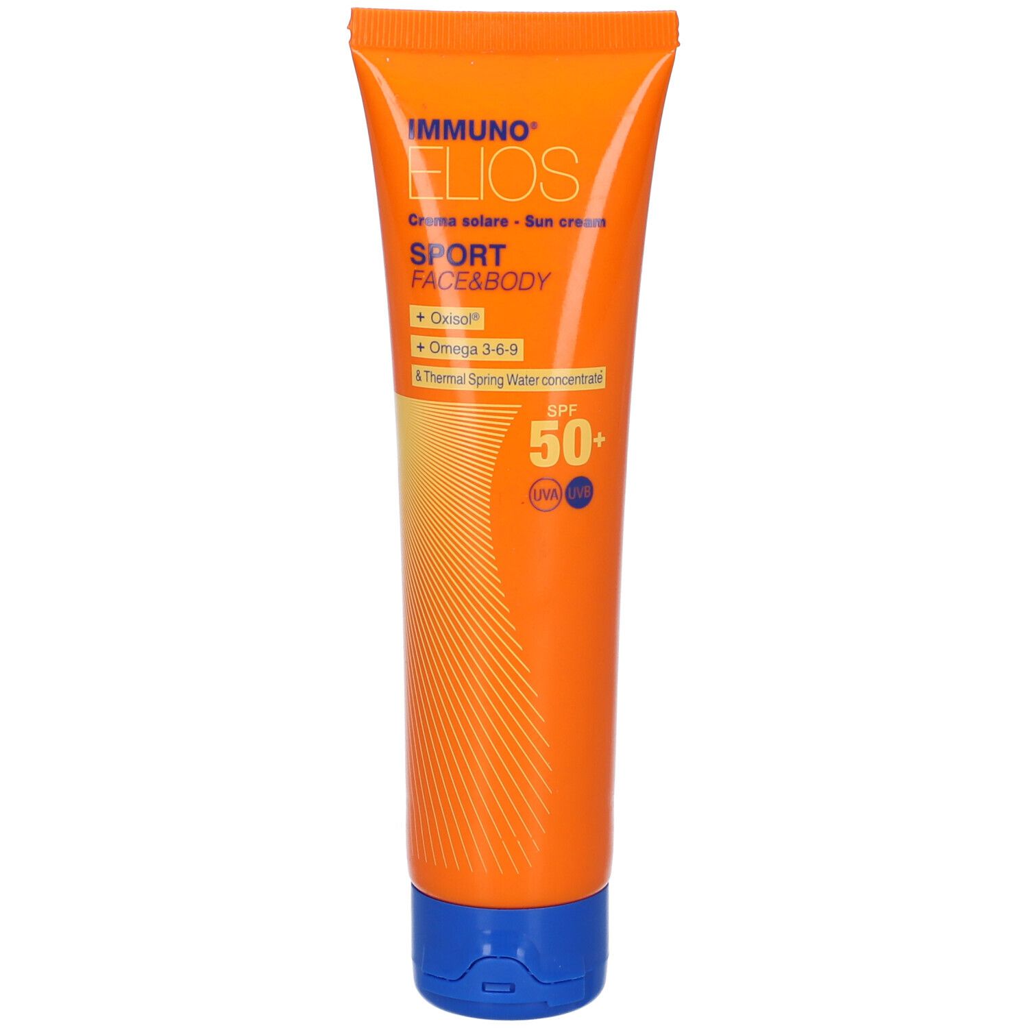 Tubo arancione con tappo blu. Scritta: Immuno Elios Sport Face & Body, crema solare, SPF 50+.