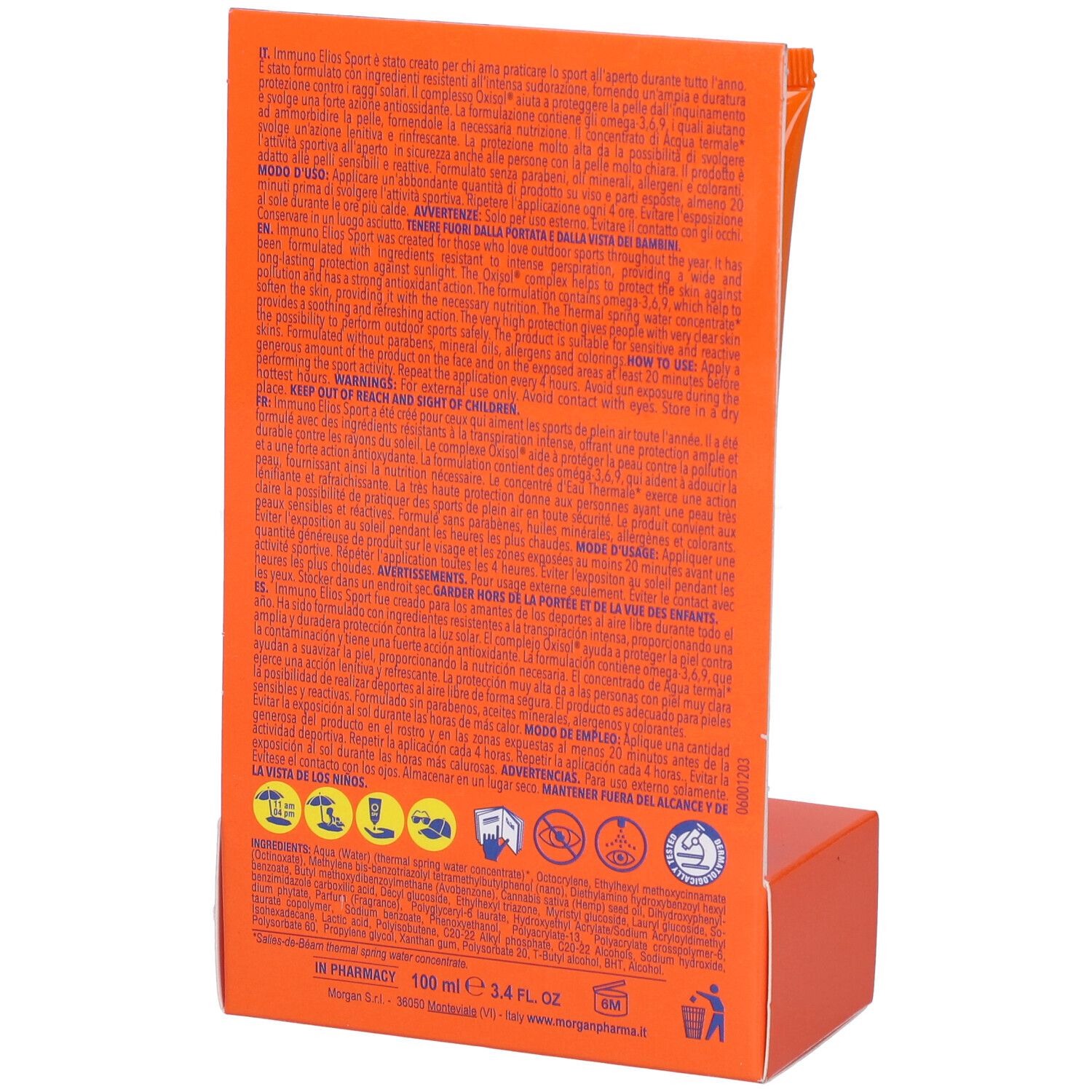 Retro della confezione. Testo multilingue. Sfondo arancione. Informazioni sul prodotto.