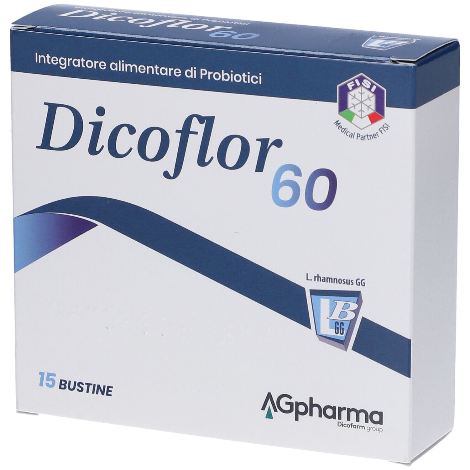 Confezione di "Dicoflor 60" con logo. Scatola bianca e blu con 15 bustine. Informazioni e logo AG Pharma.