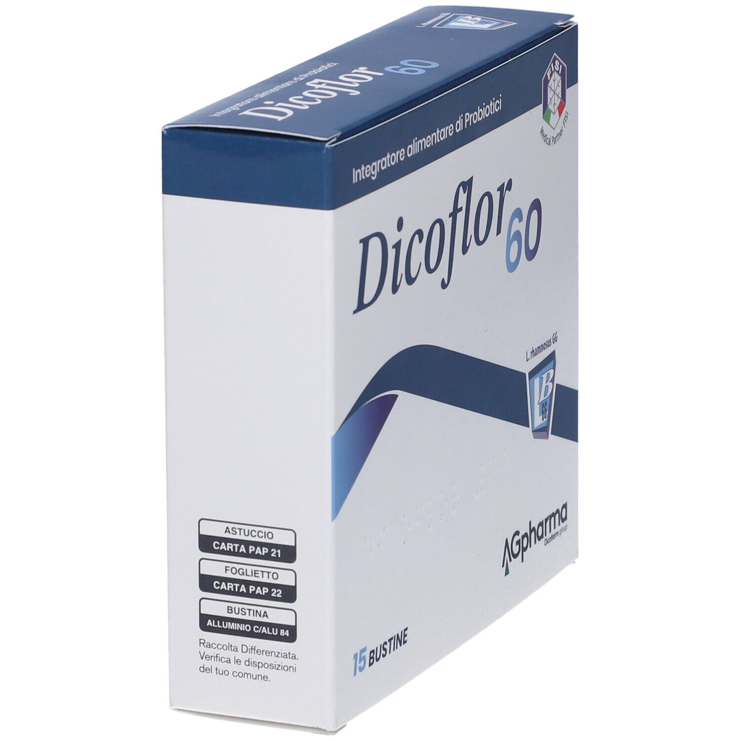 Confezione di "Dicoflor 60" con 15 bustine. Informazioni e logo AG Pharma. Design blu e bianco.
