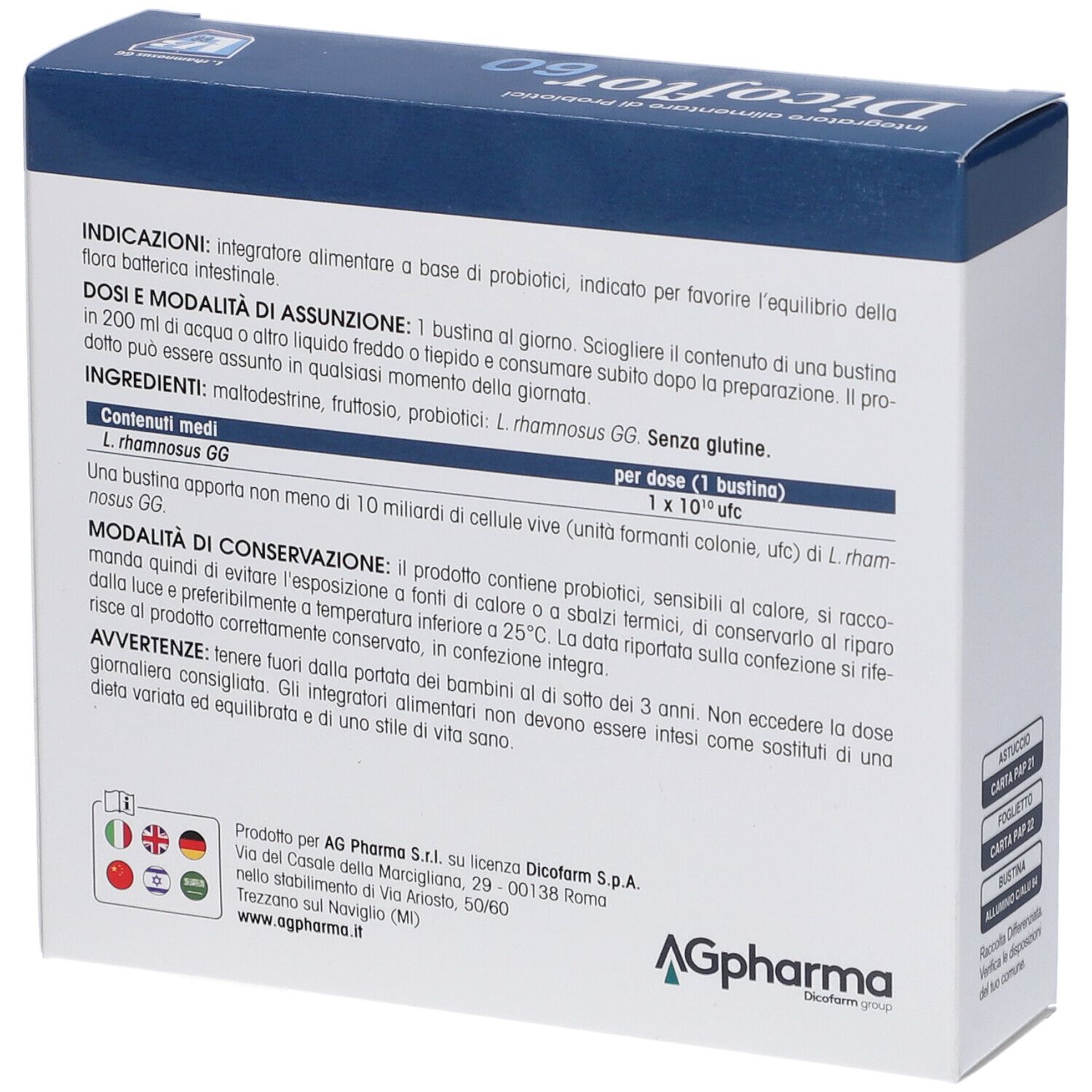 Retro della confezione con informazioni su ingredienti, dosaggio e avvertenze. Logo AG Pharma.