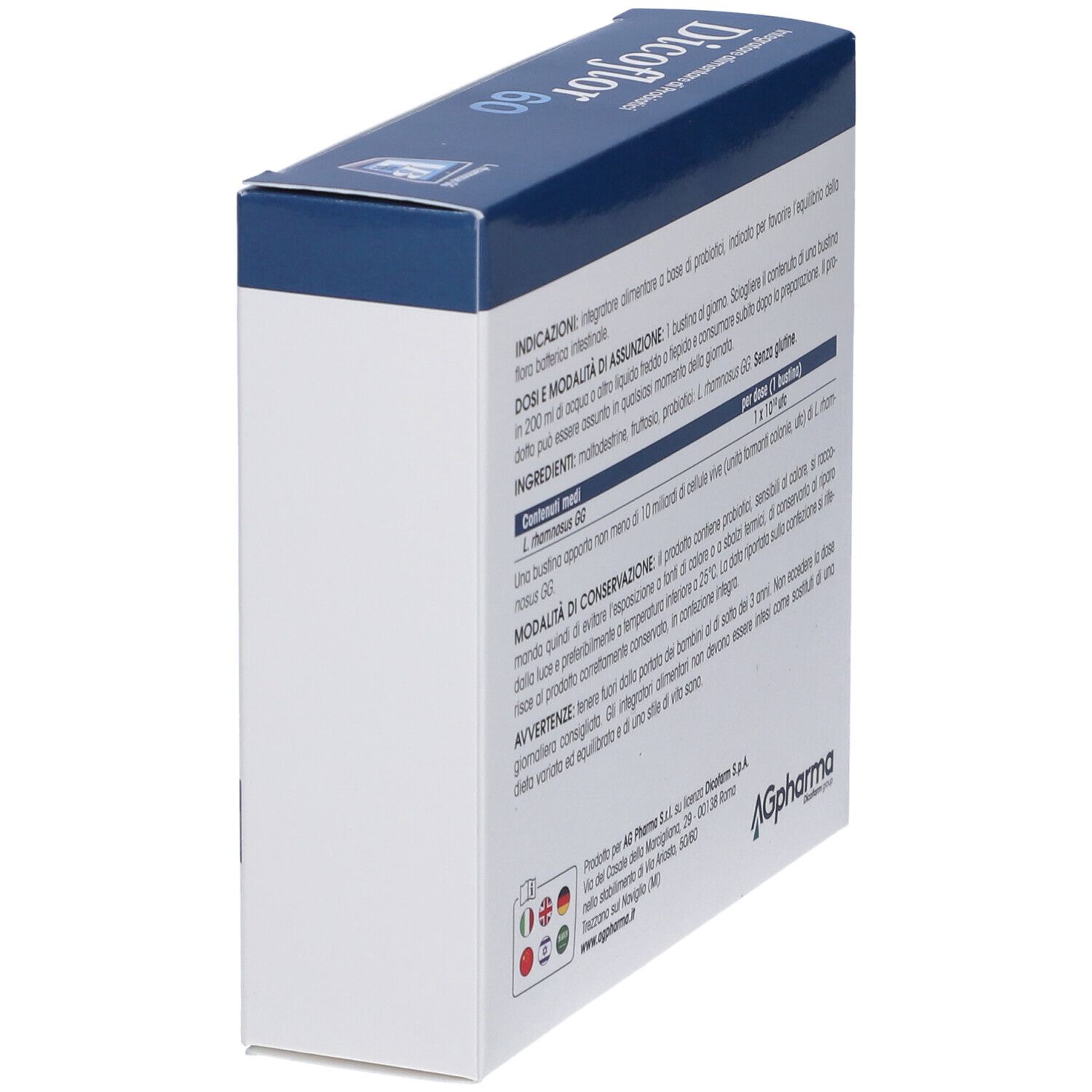 Vista laterale della confezione. Informazioni e logo AG Pharma. Design blu e bianco.