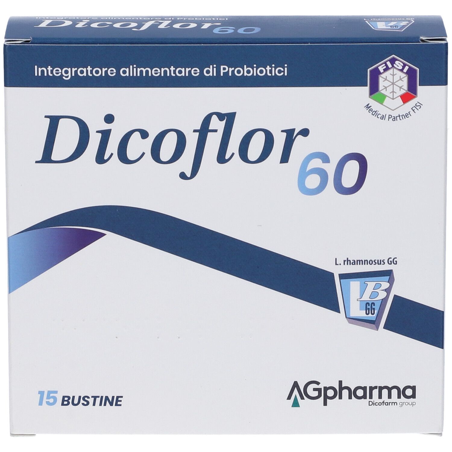 Confezione di "Dicoflor 60" con logo. Scatola bianca e blu con 15 bustine. Informazioni e logo AG Pharma.