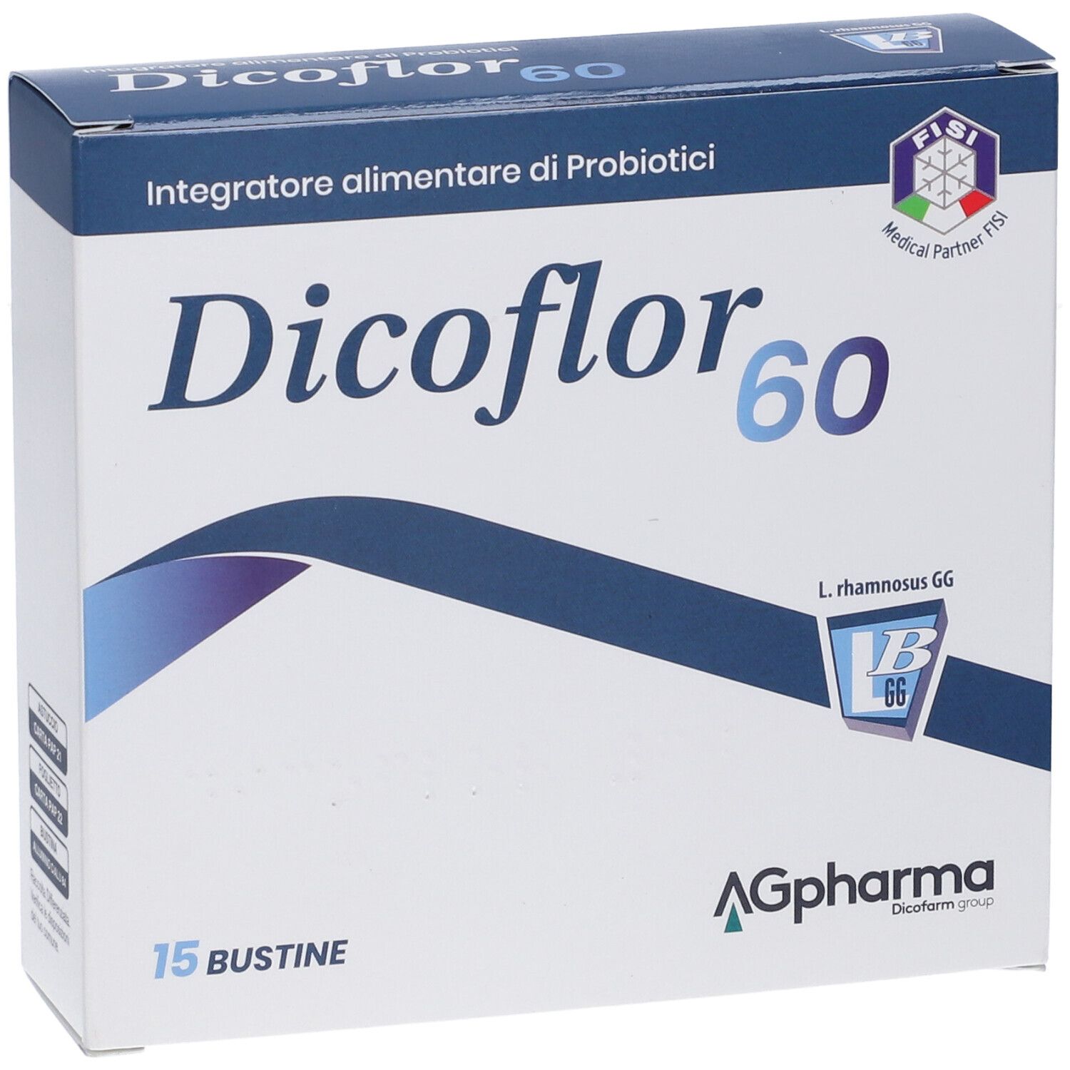 Confezione di "Dicoflor 60" con logo. Scatola bianca e blu con 15 bustine. Informazioni e logo AG Pharma.