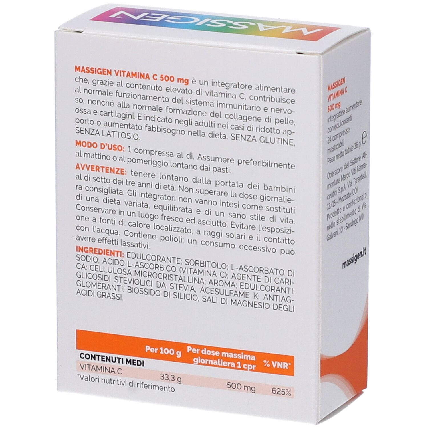 Rückseite der MASSIGEN Vitamin C 500 mg Schachtel. Textinformationen, Inhaltsstoffe und Nährwertangaben.