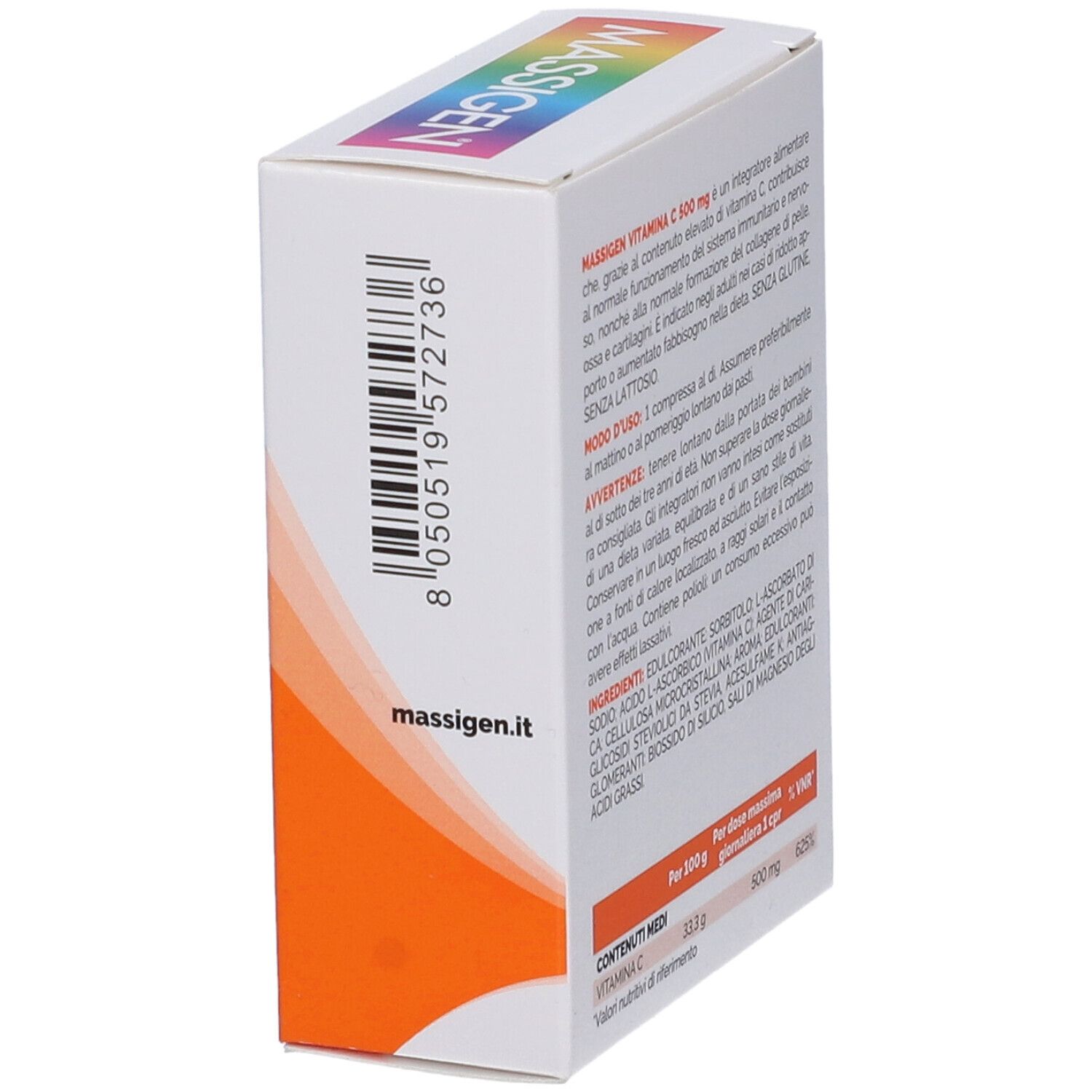 Seite der MASSIGEN Vitamin C 500 mg Schachtel. Barcode und Kontaktinformationen.