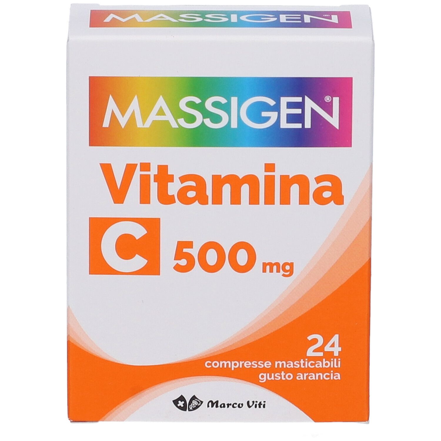 MASSIGEN Vitamin C 500 mg Schachtel. Weiße Schachtel mit orangefarbenem Akzent. Enthält 24 Tabletten. Marke Marco Viti.