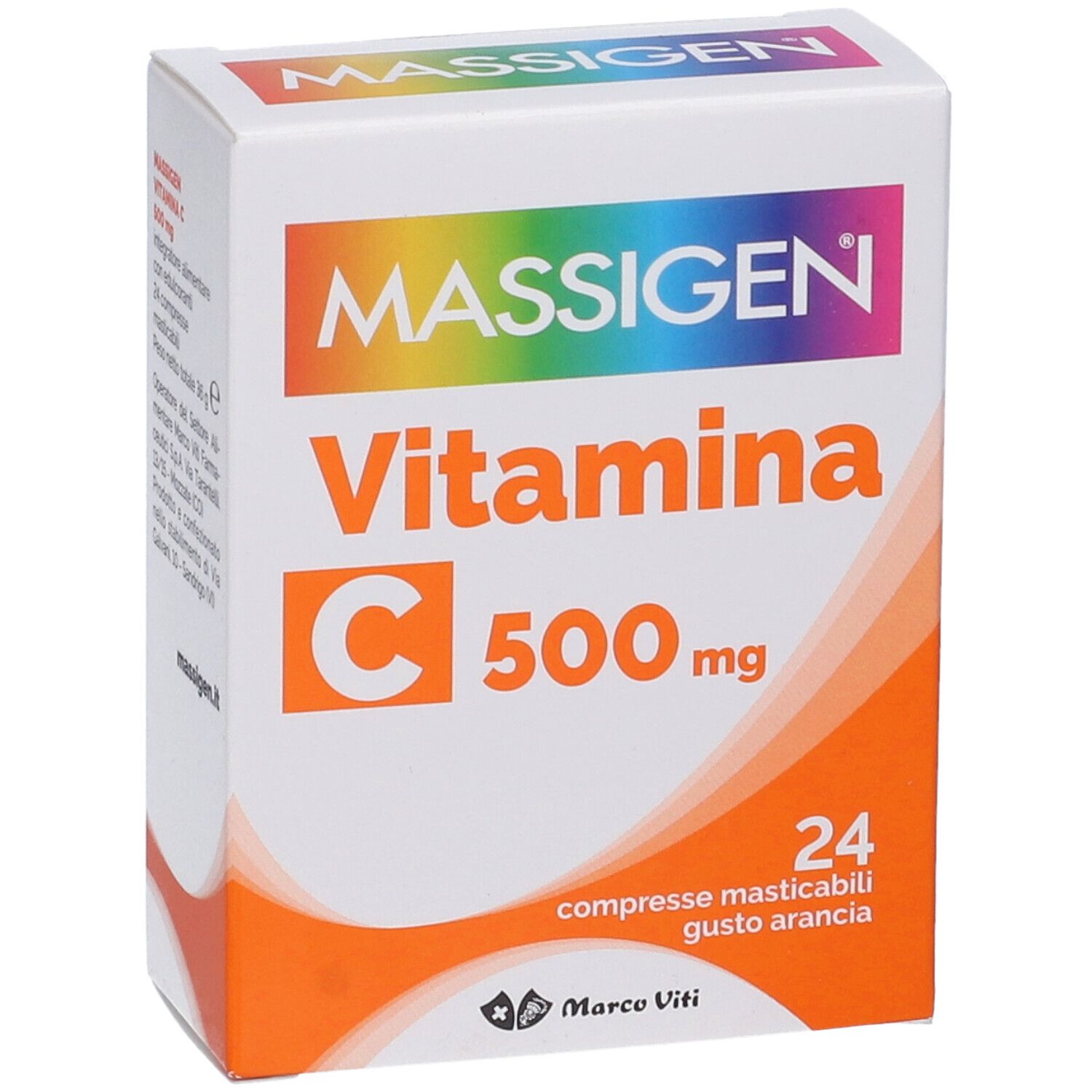 MASSIGEN Vitamin C 500 mg Schachtel. Weiße Schachtel mit orangefarbenem Akzent. Enthält 24 Tabletten.