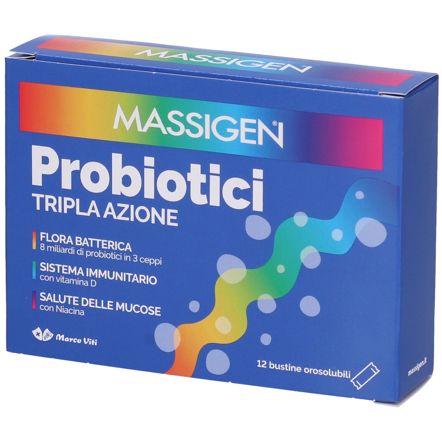 Scatola blu "MASSIGEN Probiotici Tripla Azione". Contiene 12 bustine orosolubili. Testo e loghi in italiano.