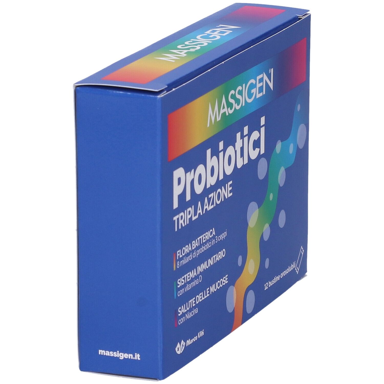 Scatola blu "MASSIGEN Probiotici Tripla Azione" in prospettiva. Contiene 12 bustine. Testo e loghi in italiano.