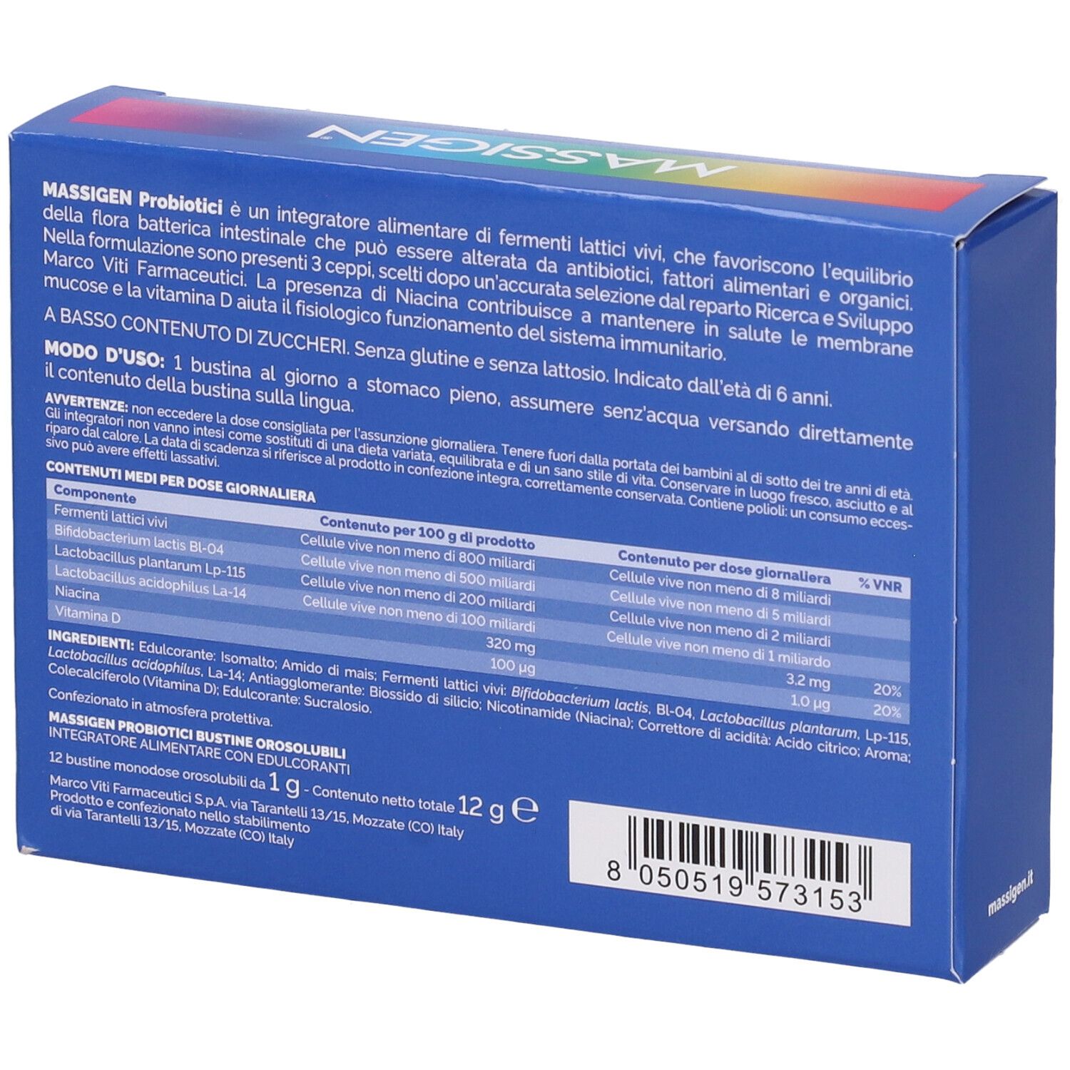 Retro della scatola blu "MASSIGEN Probiotici". Contiene ingredienti e informazioni in italiano.
