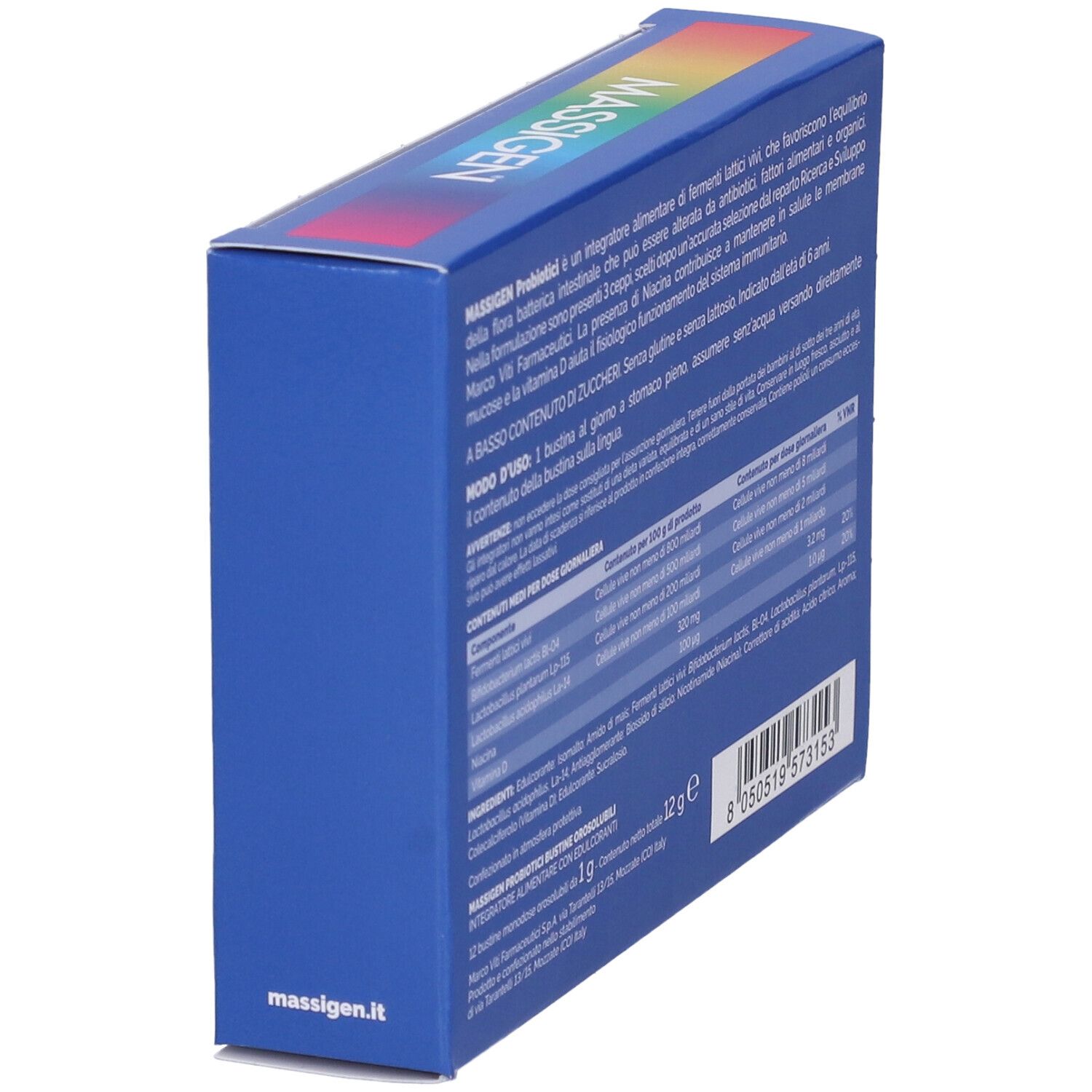 Scatola blu "MASSIGEN Probiotici" in prospettiva. Retro con ingredienti e informazioni in italiano.