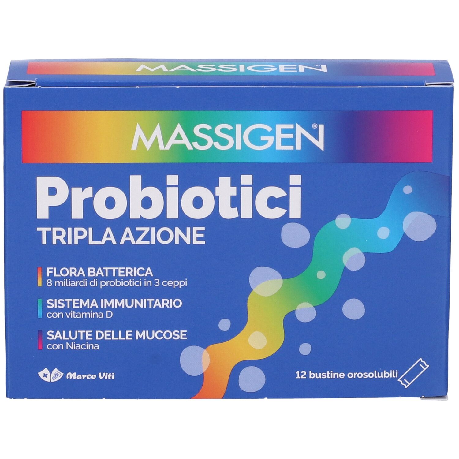 Scatola blu "MASSIGEN Probiotici Tripla Azione". Contiene 12 bustine orosolubili. Testo e loghi in italiano.