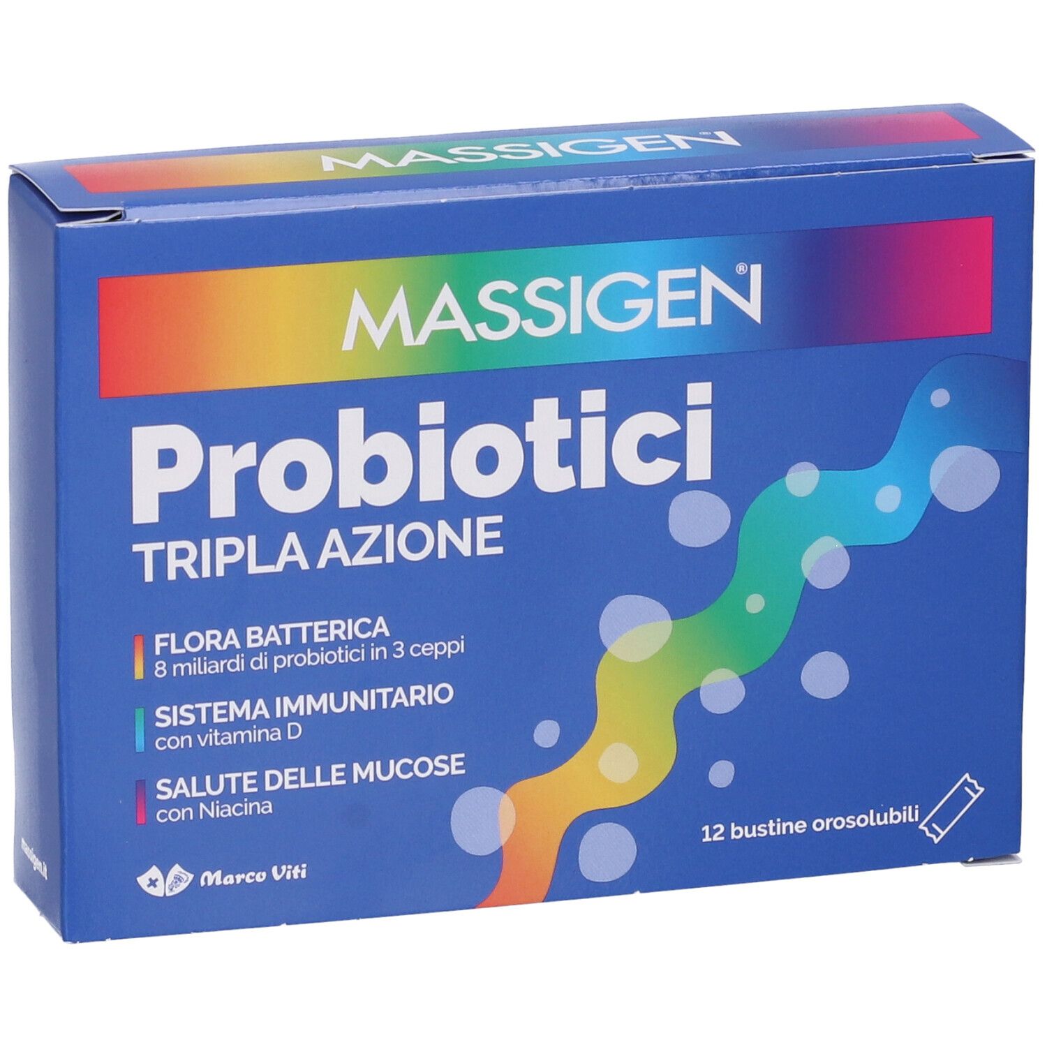 Scatola blu "MASSIGEN Probiotici Tripla Azione". Contiene 12 bustine orosolubili. Testo e loghi in italiano.