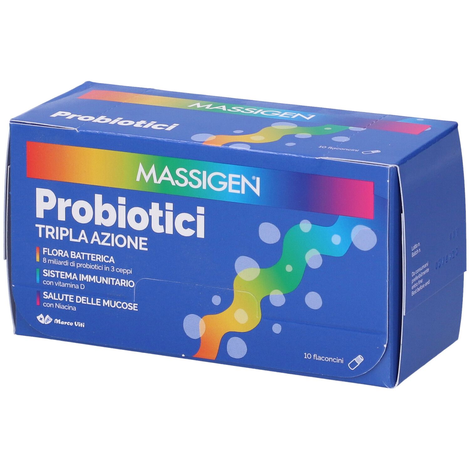 Boîte bleue avec logo "Massigen Probiotici". Contient 10 flacons. Texte : Tripla Azione, Flora Batterica, Sistema Immunitario.