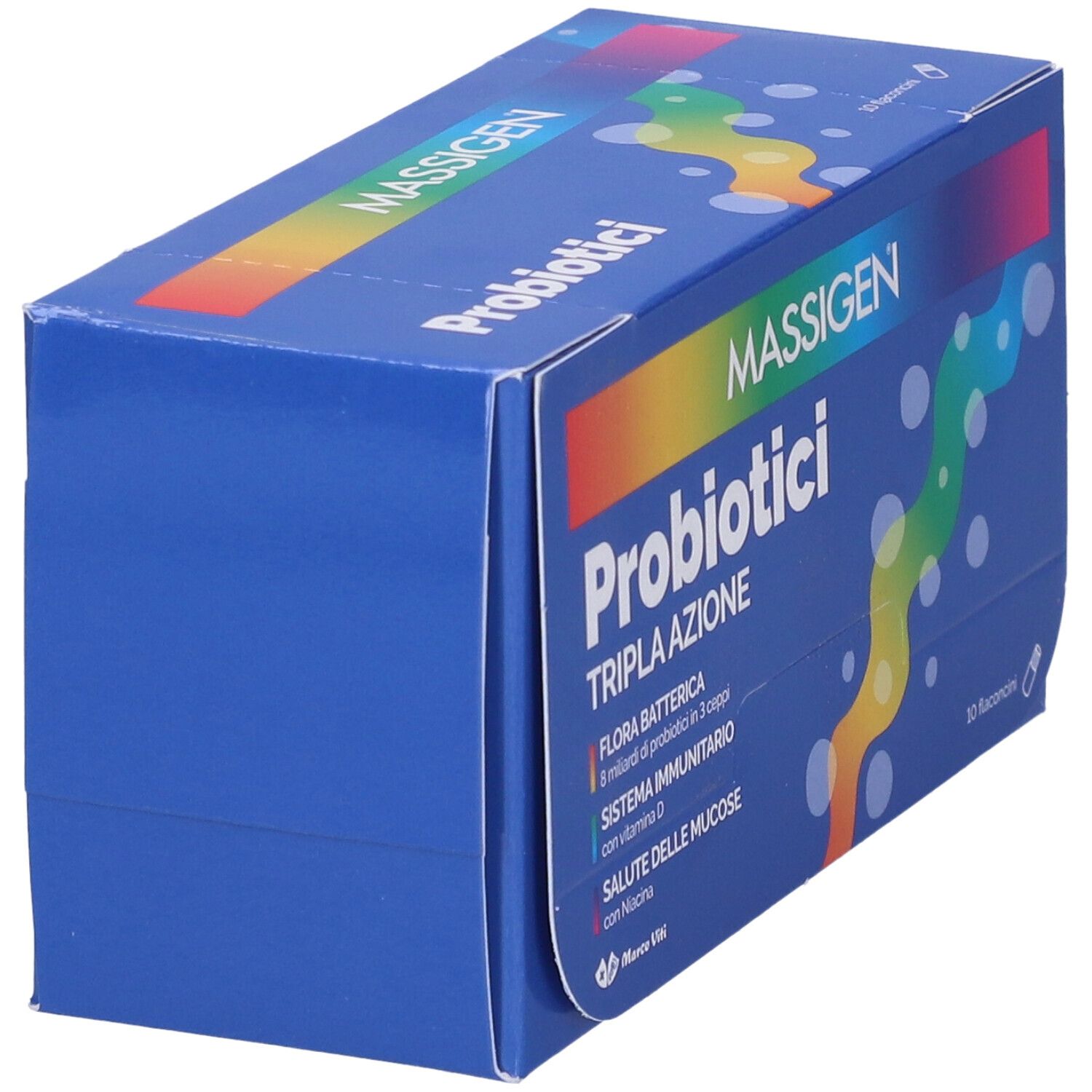 Boîte bleue "Massigen Probiotici". Vue en biais. Texte : Tripla Azione, Flora Batterica, Sistema Immunitario.