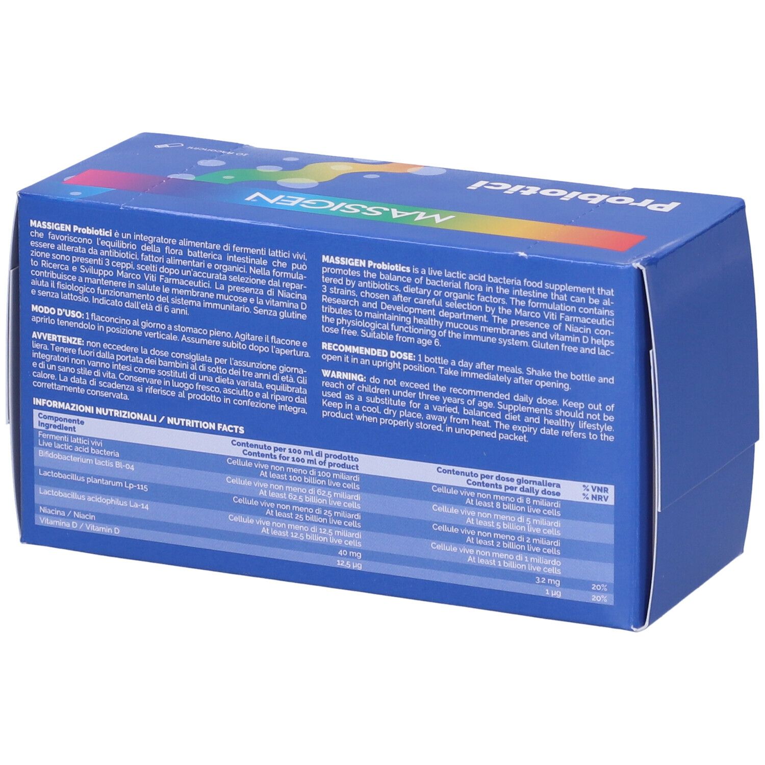 Dos de la boîte bleue. Texte : Informations nutritionnelles, instructions d'utilisation, avertissements. Contient 10 flacons.