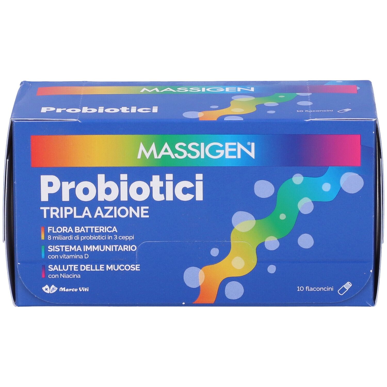 Boîte bleue avec logo "Massigen Probiotici". Contient 10 flacons. Texte : Tripla Azione, Flora Batterica, Sistema Immunitario.
