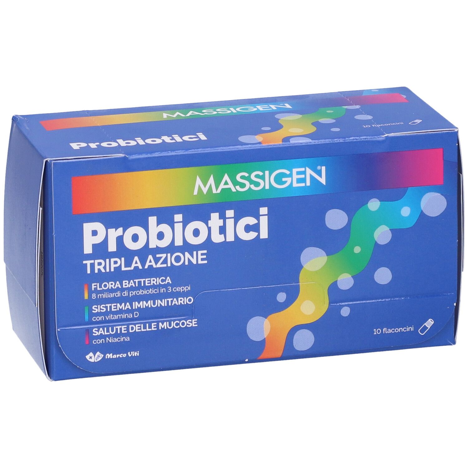 Boîte bleue avec logo "Massigen Probiotici". Contient 10 flacons. Texte : Tripla Azione, Flora Batterica, Sistema Immunitario.
