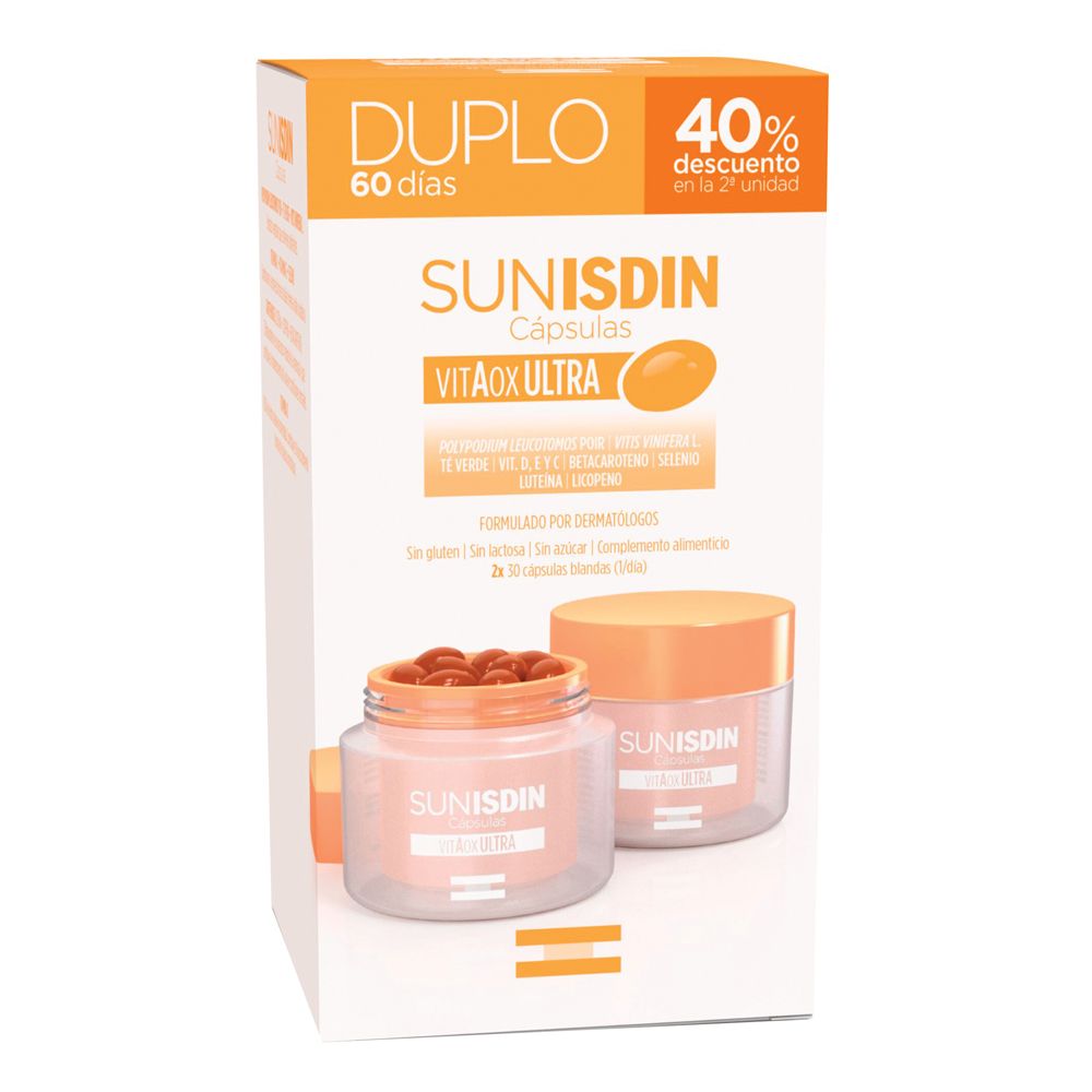 Confezione Sunisdin Capsule Duplo. Due contenitori di capsule e una scatola con testo e logo.