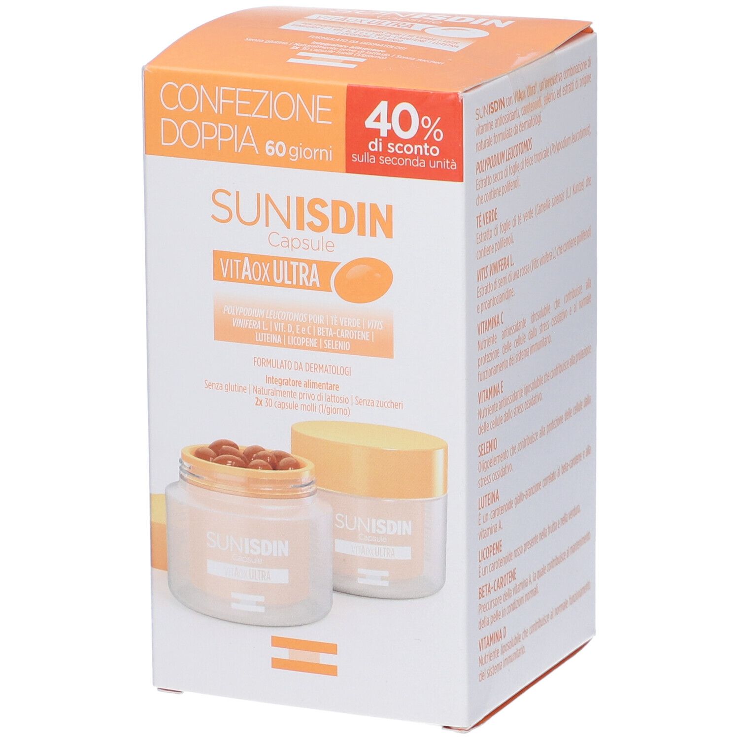 Confezione Sunisdin Capsule Duplo. La scatola mostra testo, logo e due contenitori di capsule.