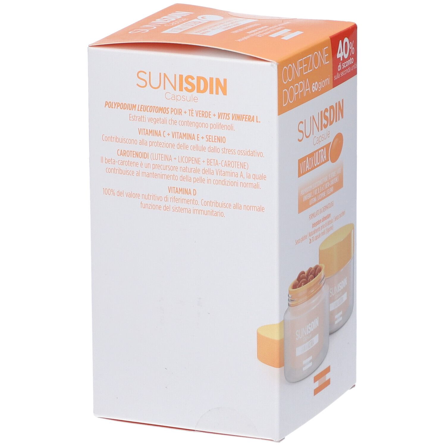 Retro della confezione Sunisdin Capsule Duplo. Testo con ingredienti e informazioni nutrizionali.