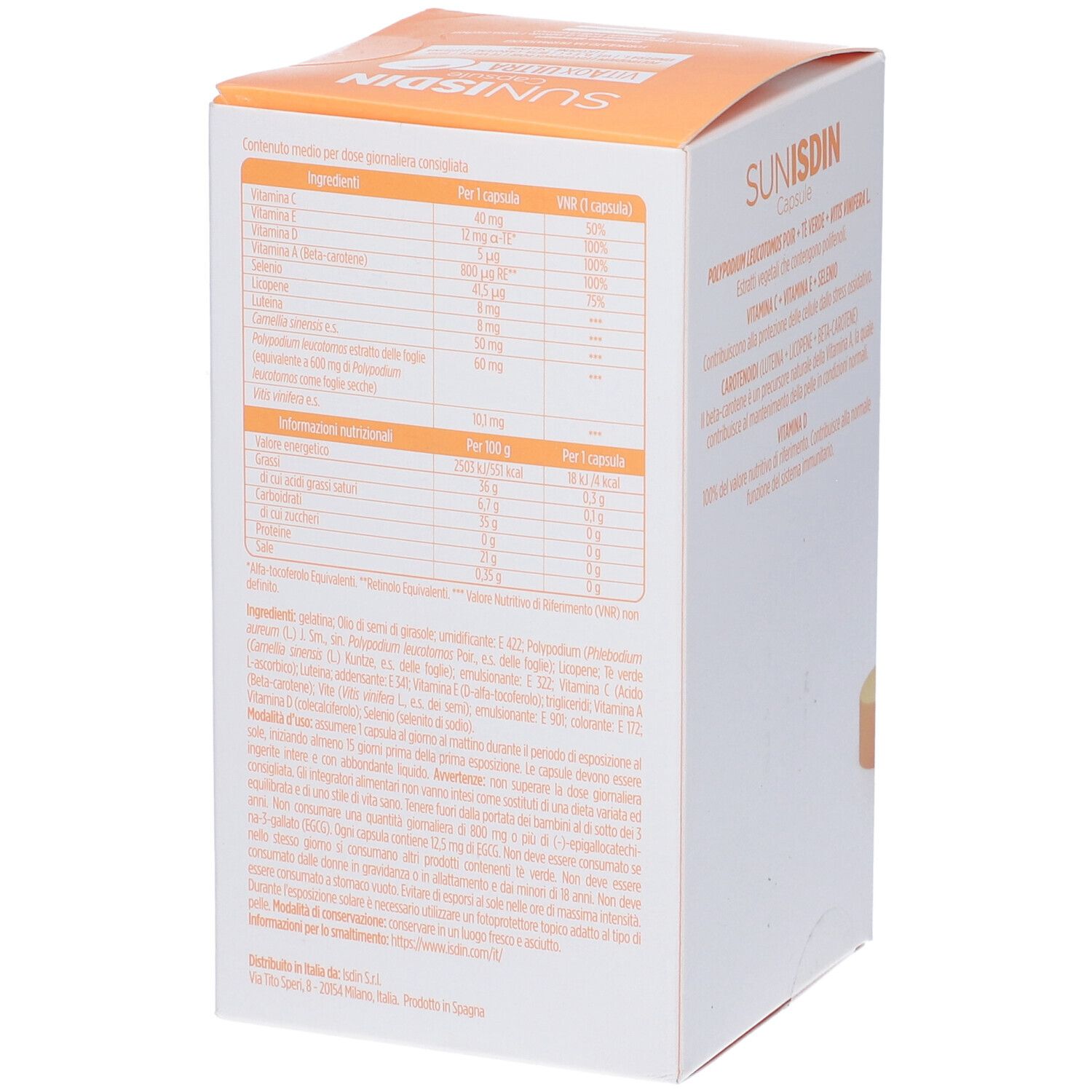 Retro della confezione Sunisdin Capsule Duplo. Testo con ingredienti e informazioni nutrizionali.