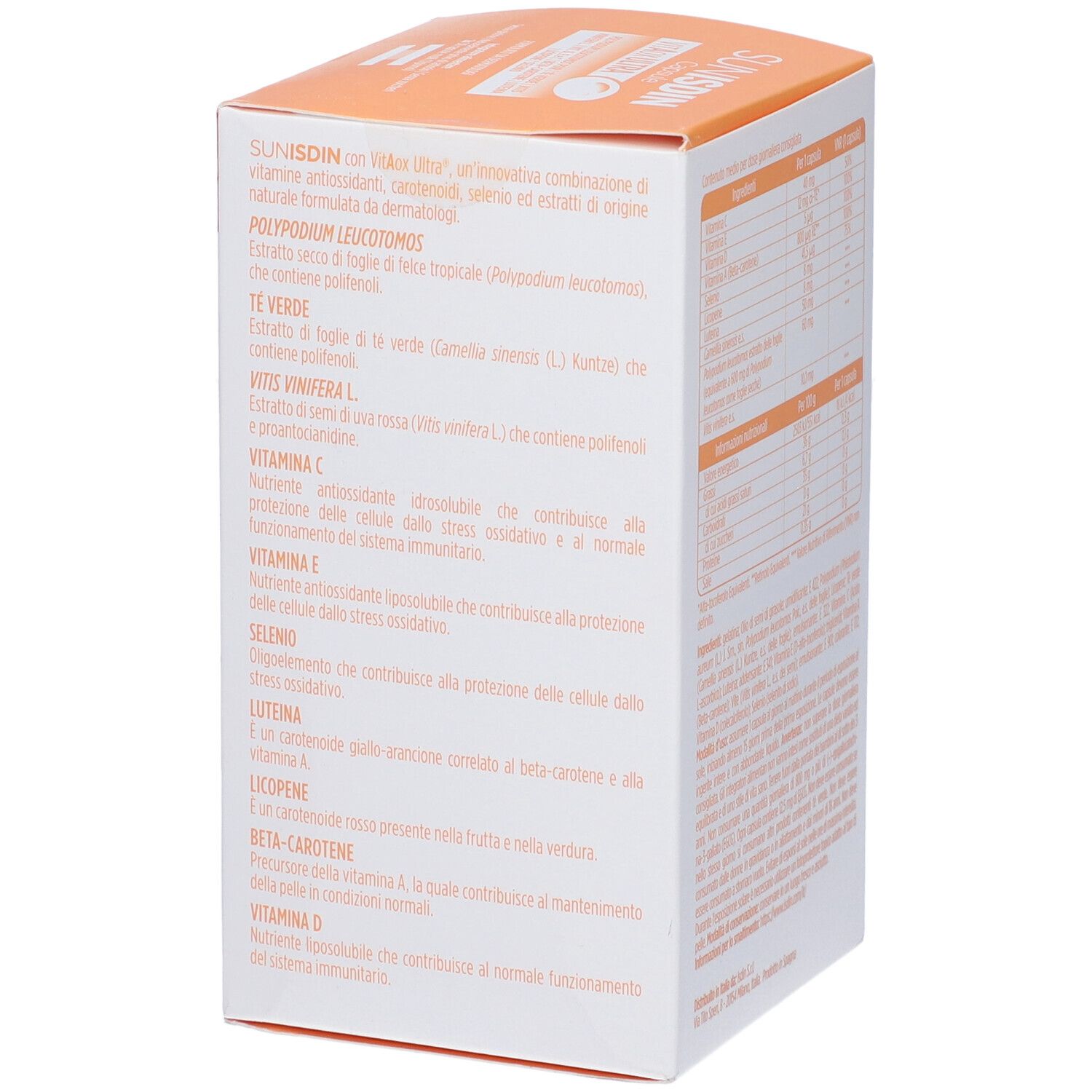 Retro della confezione Sunisdin Capsule Duplo. Testo con ingredienti e informazioni nutrizionali.