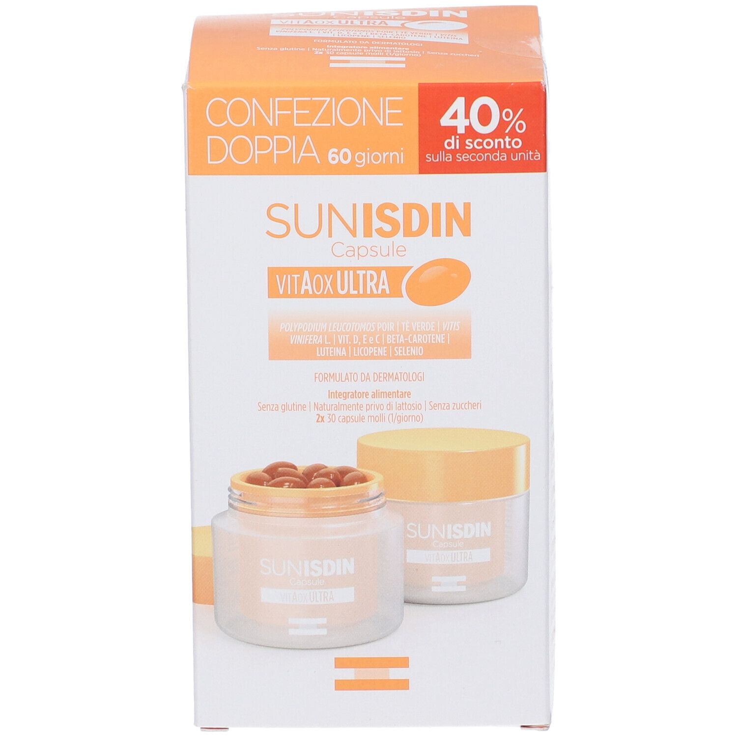 Confezione Sunisdin Capsule Duplo. La scatola mostra testo, logo e due contenitori di capsule.
