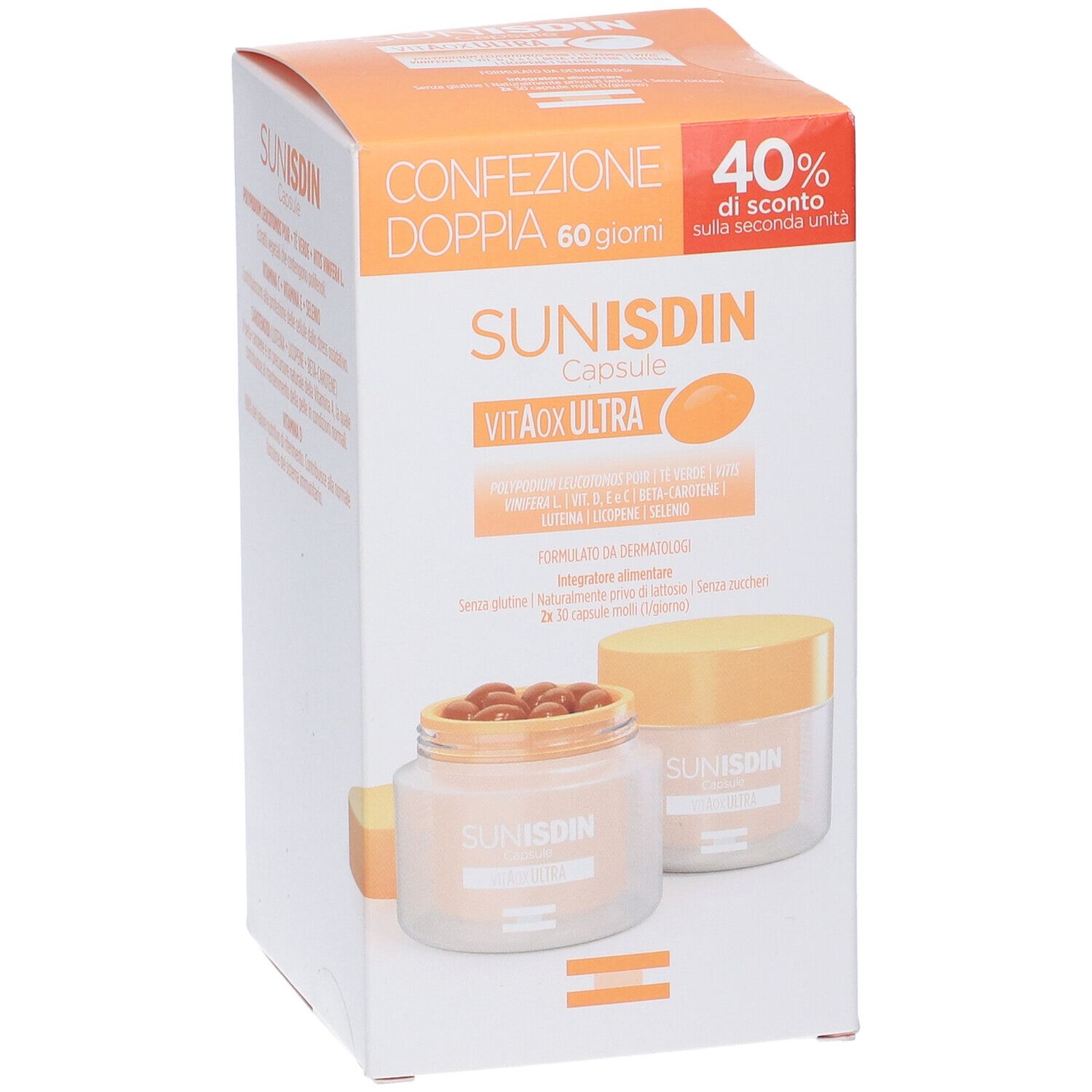 Confezione Sunisdin Capsule Duplo. La scatola mostra testo, logo e due contenitori di capsule.