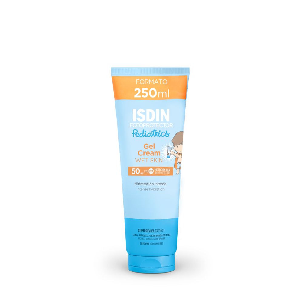 ISDIN Fotoprotector Gel Cream Pediatrics SPF 50, tubo. Blu, arancione e bianco. 250ml. Per pelle bagnata.