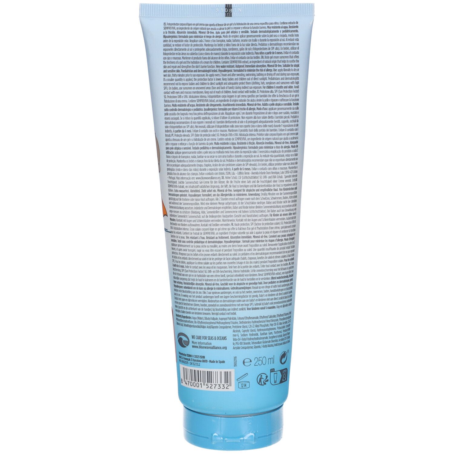 Retro di ISDIN Fotoprotector Pediatrics Gel Cream. Informazioni testuali. 250ml. Con codice a barre.