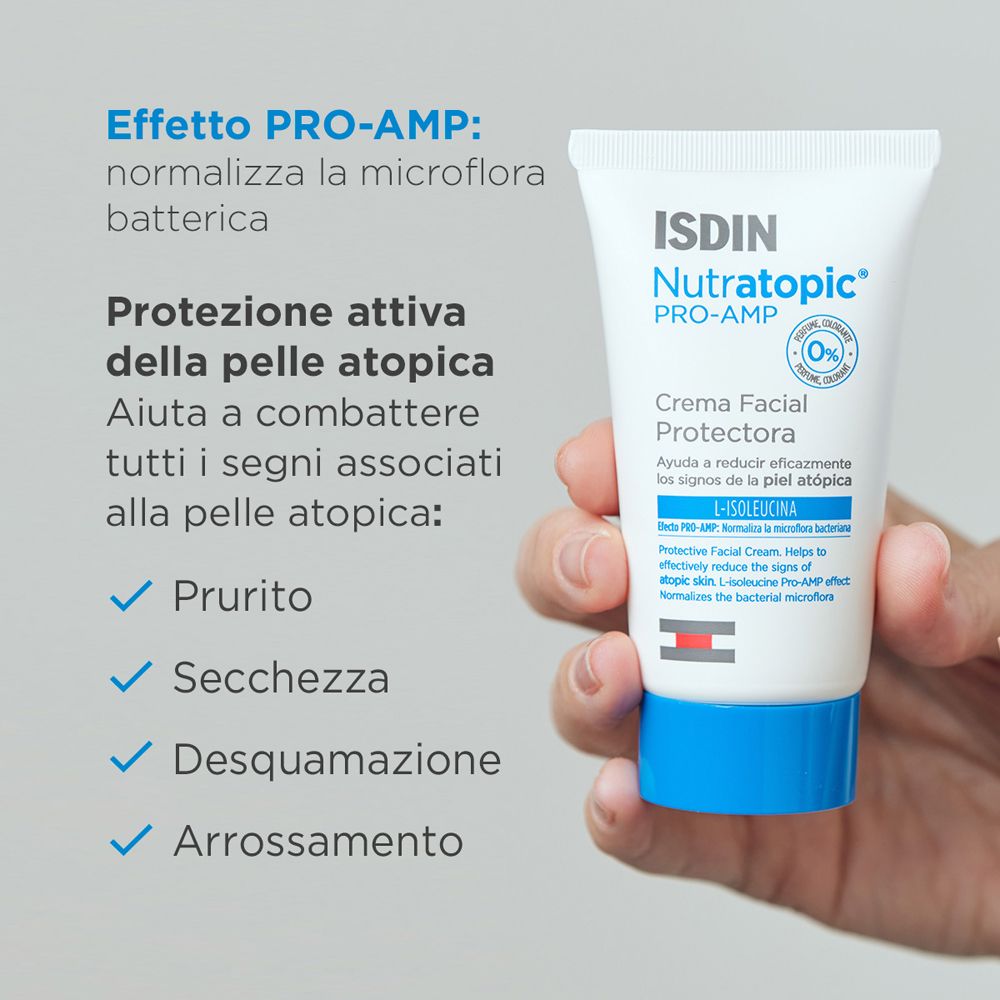 Creme-Tube. ISDIN Nutratopic® Pro-AMP. Creme für atopische Haut. Reduziert Anzeichen atopischer Haut. Enthält L-Isoleucin.