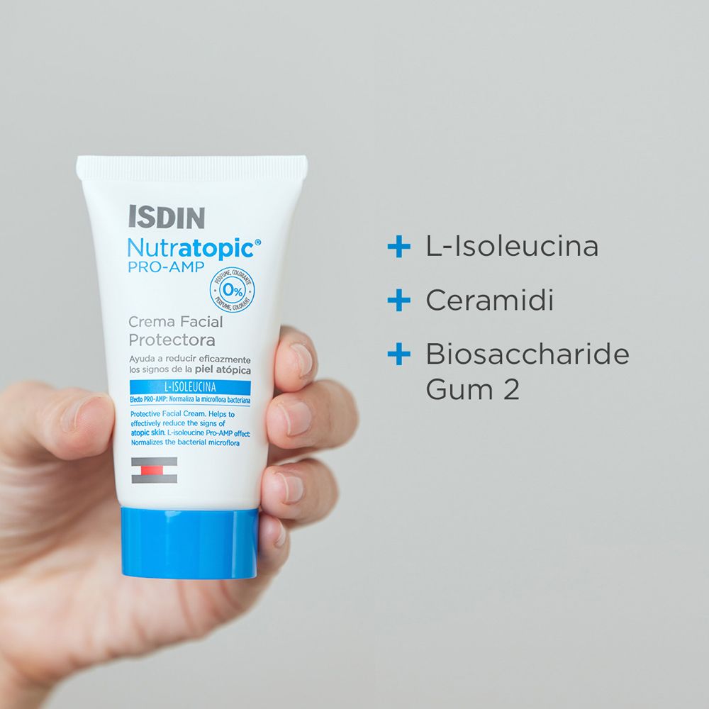 Creme-Tube. ISDIN Nutratopic® Pro-AMP. Creme für atopische Haut. Enthält L-Isoleucin, Ceramide und Biosaccharide Gum 2.