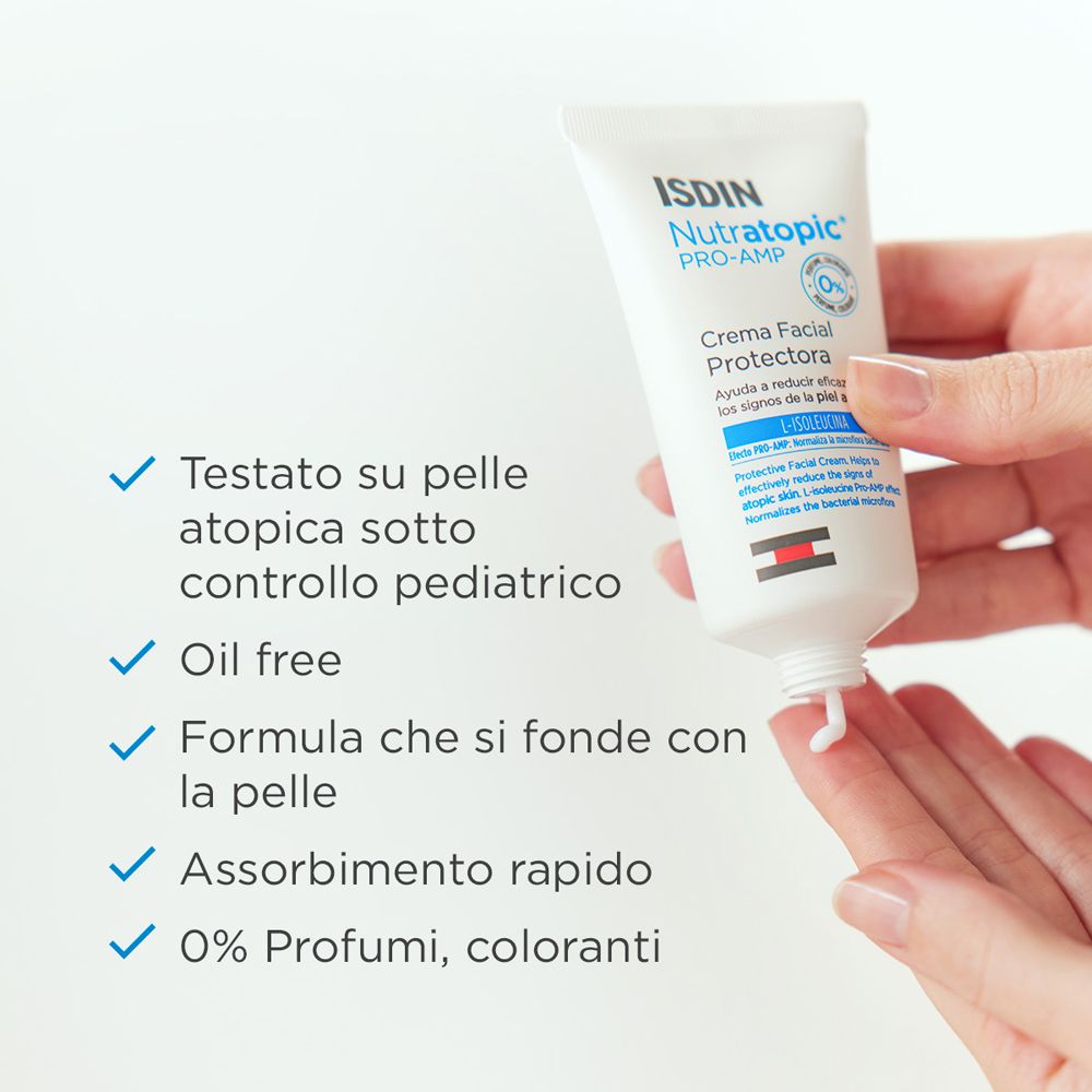 Creme-Tube. ISDIN Nutratopic® Pro-AMP. Creme für atopische Haut. Oil free, 0% Parfüm, schnell einziehend.