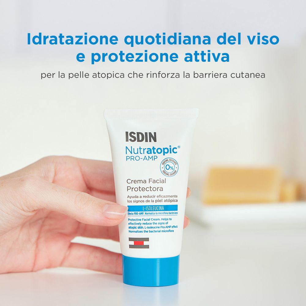 Creme-Tube. ISDIN Nutratopic® Pro-AMP. Creme für atopische Haut. Tägliche Feuchtigkeitspflege und aktiver Schutz.