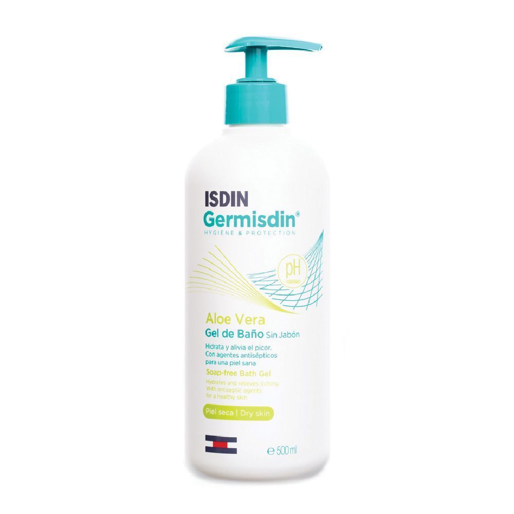 Flacone bianco con dosatore blu. Scritta: ISDIN Germisdin Aloe Vera Gel de Baño. Simbolo pH.