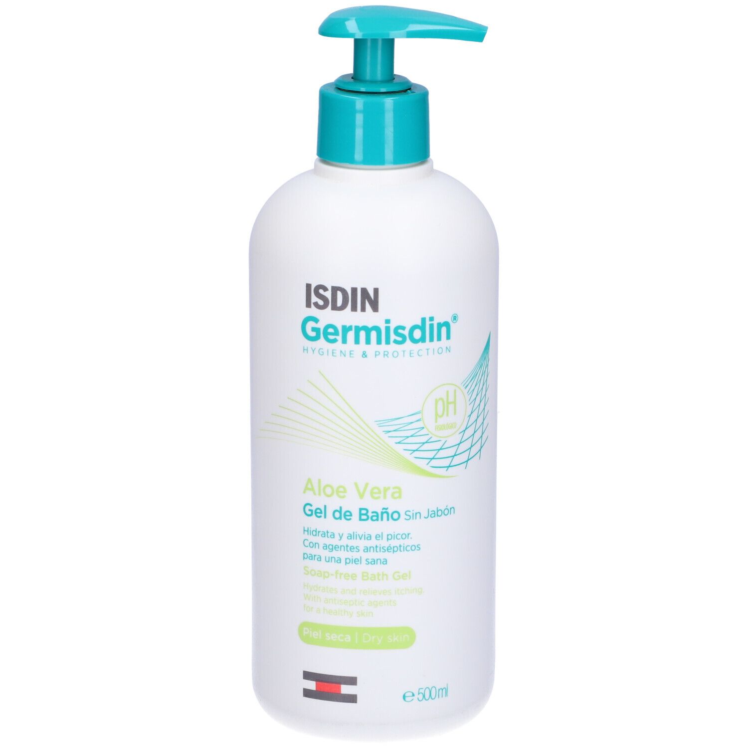 Flacone bianco con dosatore blu. Scritta: ISDIN Germisdin Aloe Vera Gel de Baño. Simbolo pH.