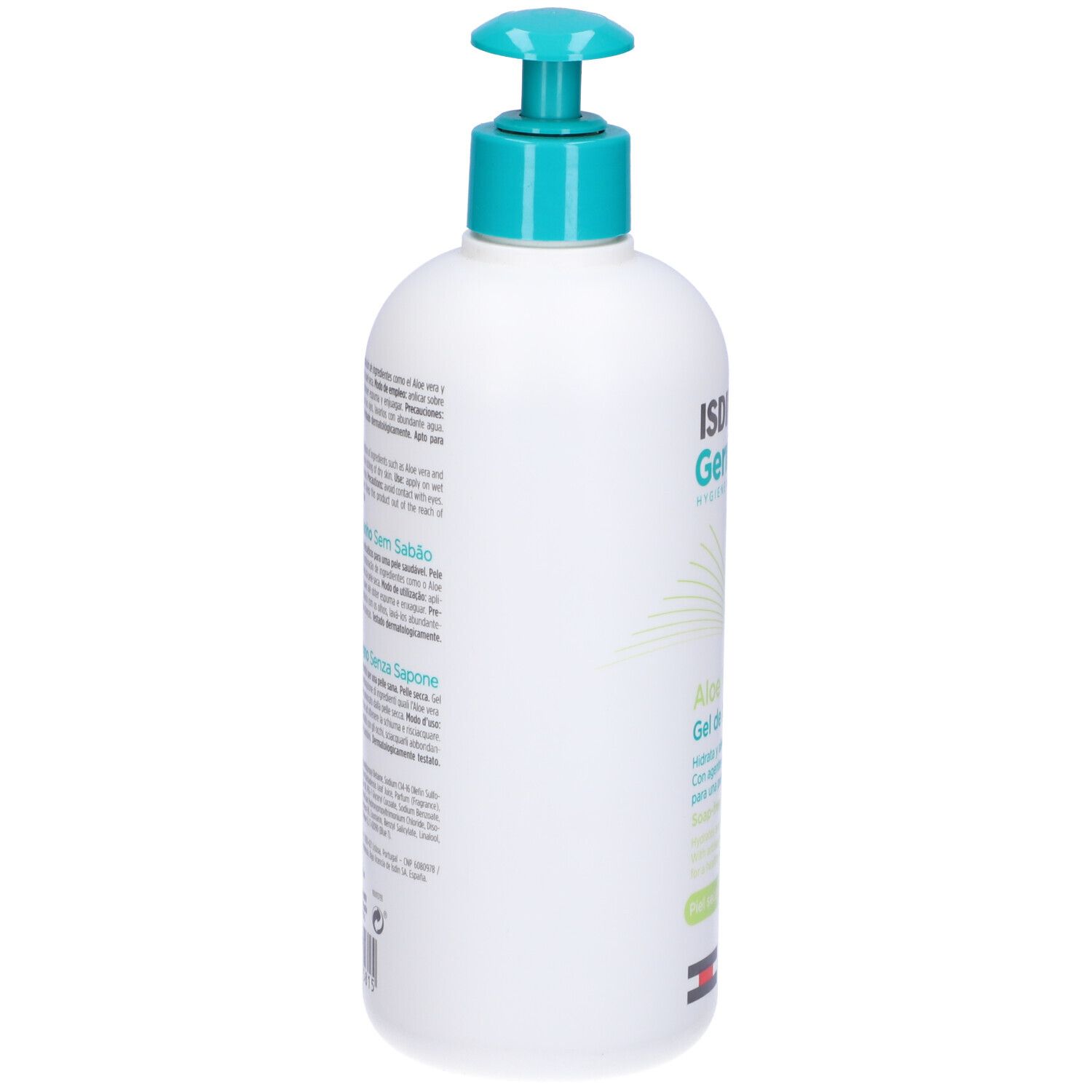 Retro di un flacone bianco con dosatore blu. Testo in spagnolo, portoghese e italiano.