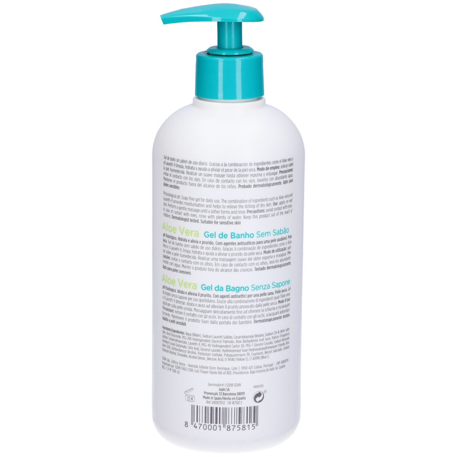 Retro di un flacone bianco con dosatore blu. Testo in spagnolo, portoghese e italiano.