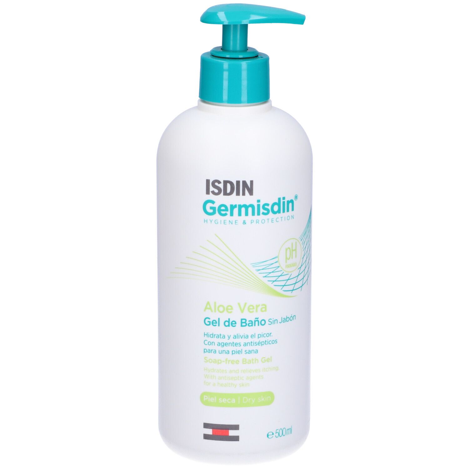 Flacone bianco con dosatore blu. Scritta: ISDIN Germisdin Aloe Vera Gel de Baño. Simbolo pH.