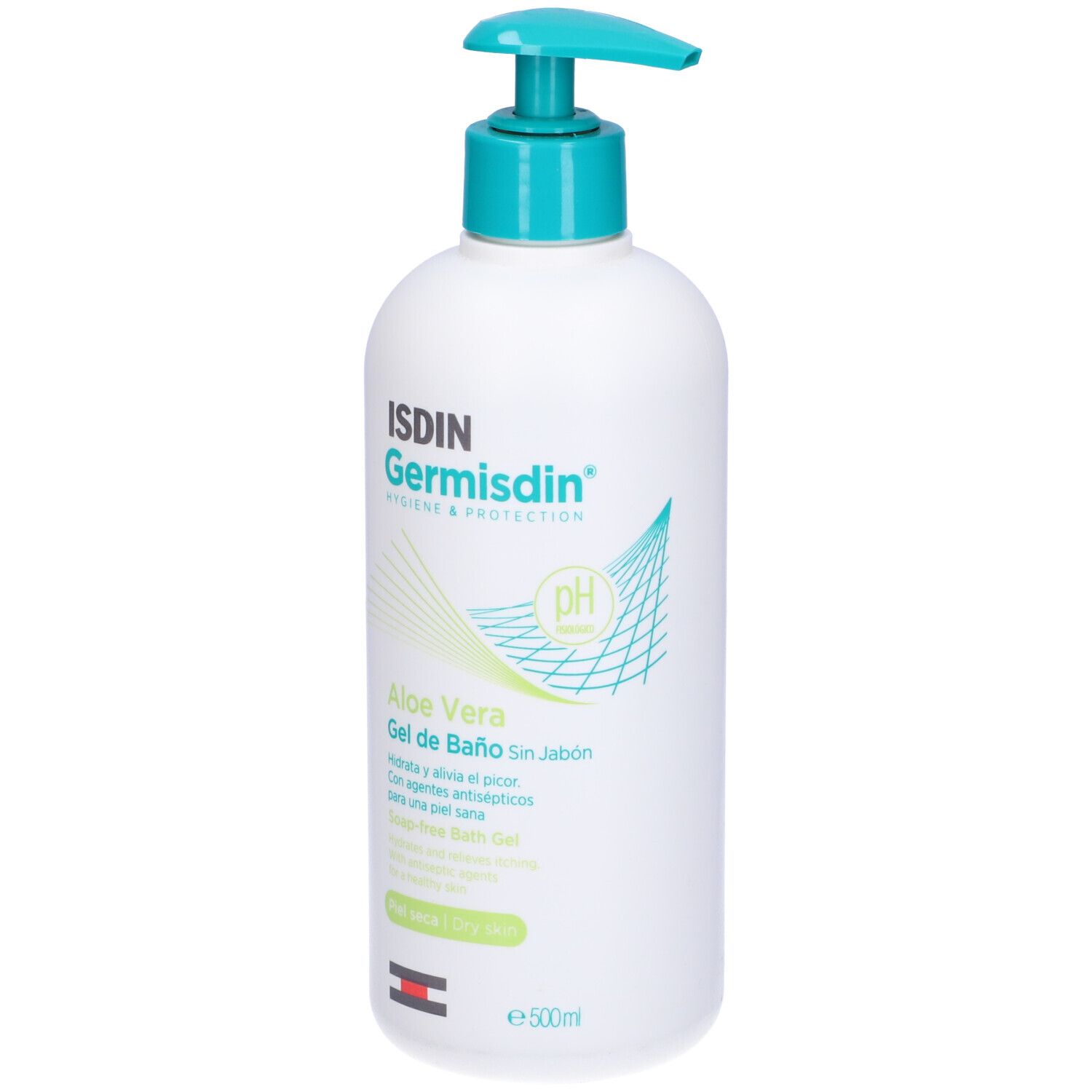 Flacone bianco con dosatore blu. Scritta: ISDIN Germisdin Aloe Vera Gel de Baño. Simbolo pH.