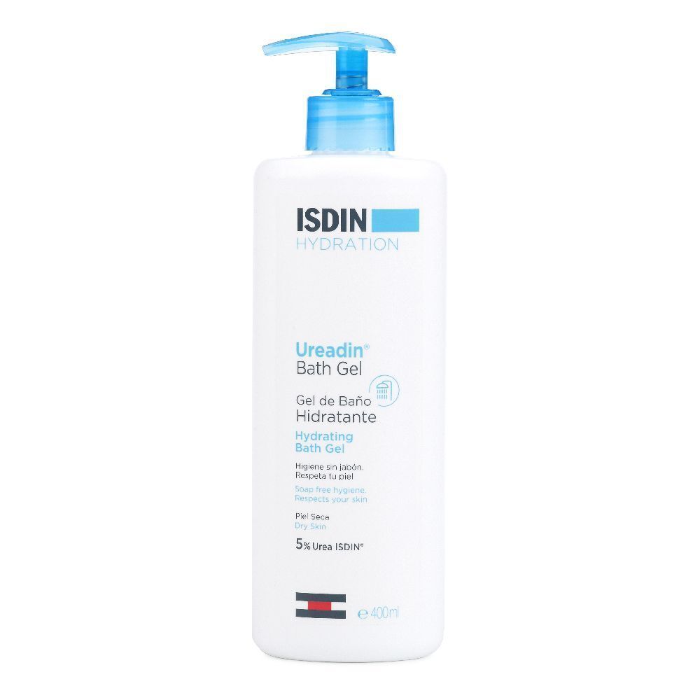 Flacone bianco ISDIN Ureadin Bath Gel con dosatore blu. Nome del prodotto e ingredienti stampati.