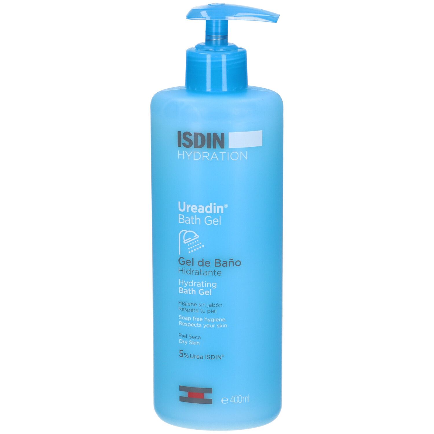 Flacone blu ISDIN Ureadin Bath Gel con dosatore blu. Nome del prodotto e ingredienti stampati.