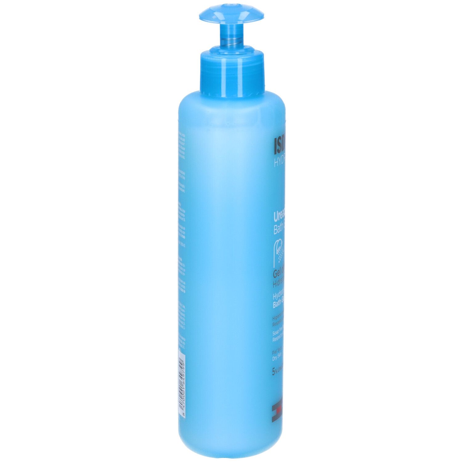 Flacone blu ISDIN Ureadin Bath Gel con dosatore blu. Nome del prodotto e ingredienti stampati.