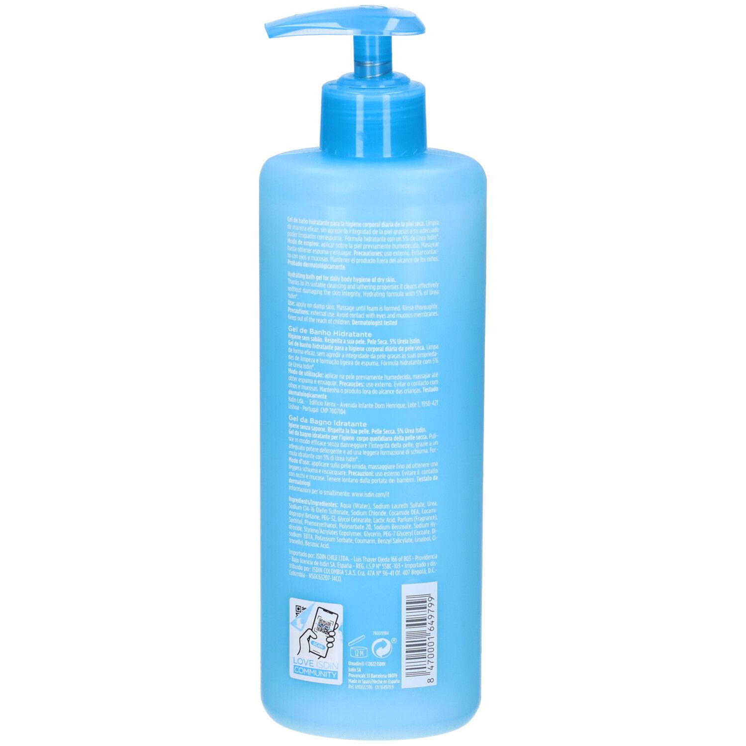 Flacone blu ISDIN Ureadin Bath Gel con dosatore blu. Nome del prodotto e ingredienti stampati.