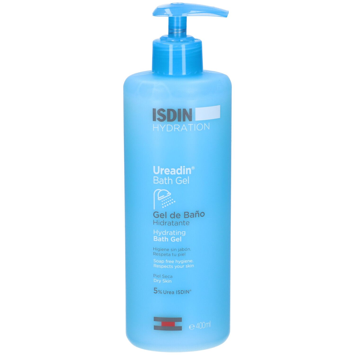 Flacone blu ISDIN Ureadin Bath Gel con dosatore blu. Nome del prodotto e ingredienti stampati.