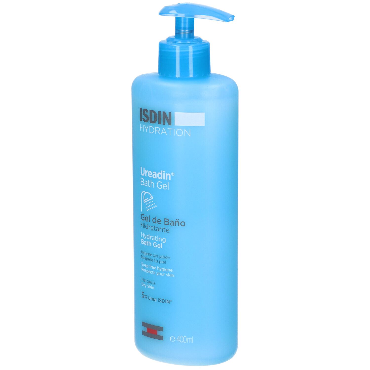Flacone blu ISDIN Ureadin Bath Gel con dosatore blu. Nome del prodotto e ingredienti stampati.