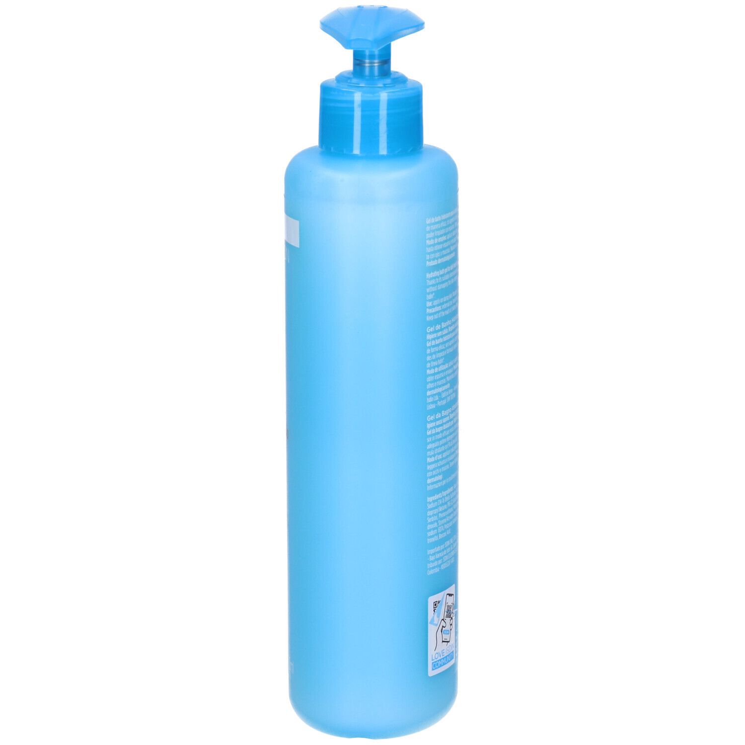 Flacone blu ISDIN Ureadin Bath Gel con dosatore blu. Nome del prodotto e ingredienti stampati.